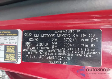 2020 Kia Forte Lxs z USA, uszkodzony, nr VIN 3KPF24AD7LE244267